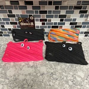 NWT Monster Grillz Pencil Case Set - 1 Pink, 2 Black and Orange multi color.